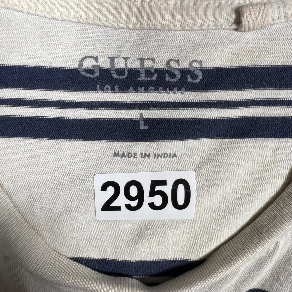 Guess Los Angeles Mens Large Striped T-Shirt Cream Navy Blue Red Logo Y2K - Picture 2 of 5